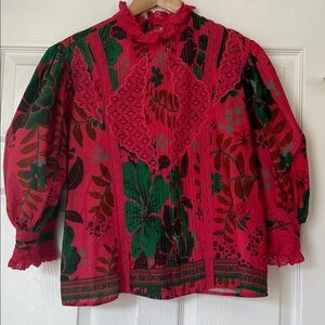 FARM Rio Pink and Green Artistic Blouse, size medium, balloon sleeve.
